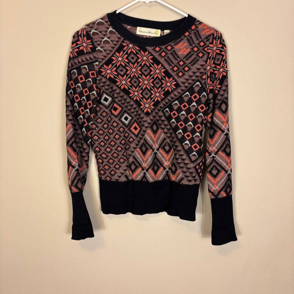 Charlie & Robin Black with Neon Orange Patterned Pullover Sweater Small